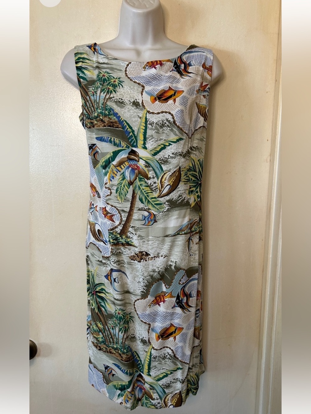 reyn spooner Tropical Palm & Fish Midi Dress - Green, Blue, Brown 100% Rayon M